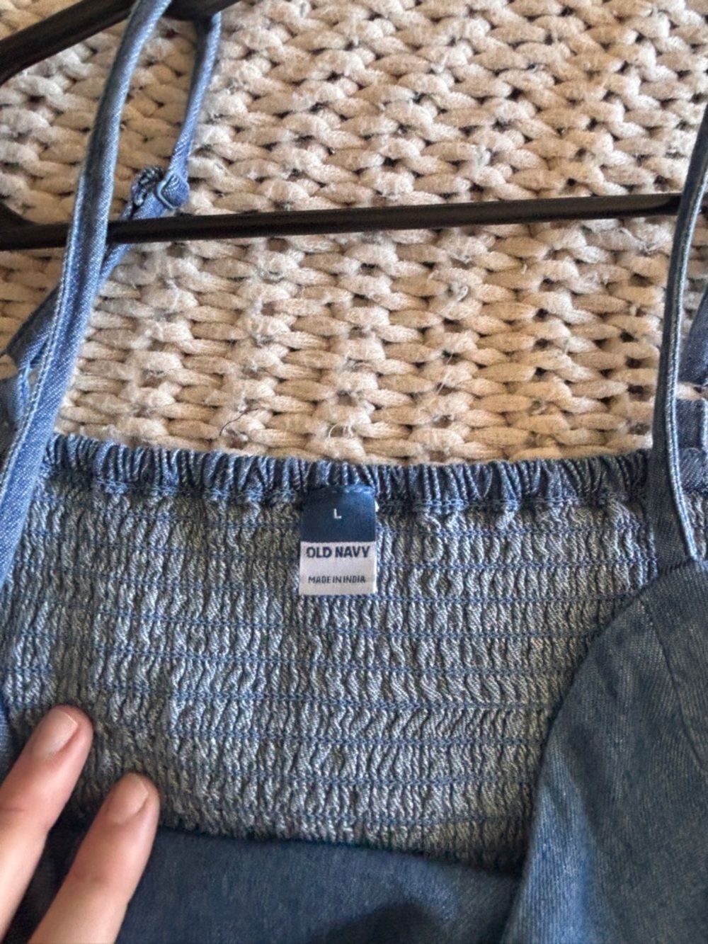 Old Navy Blue Denim and black Smocked Strap Romper size large - Picture 5 of 9